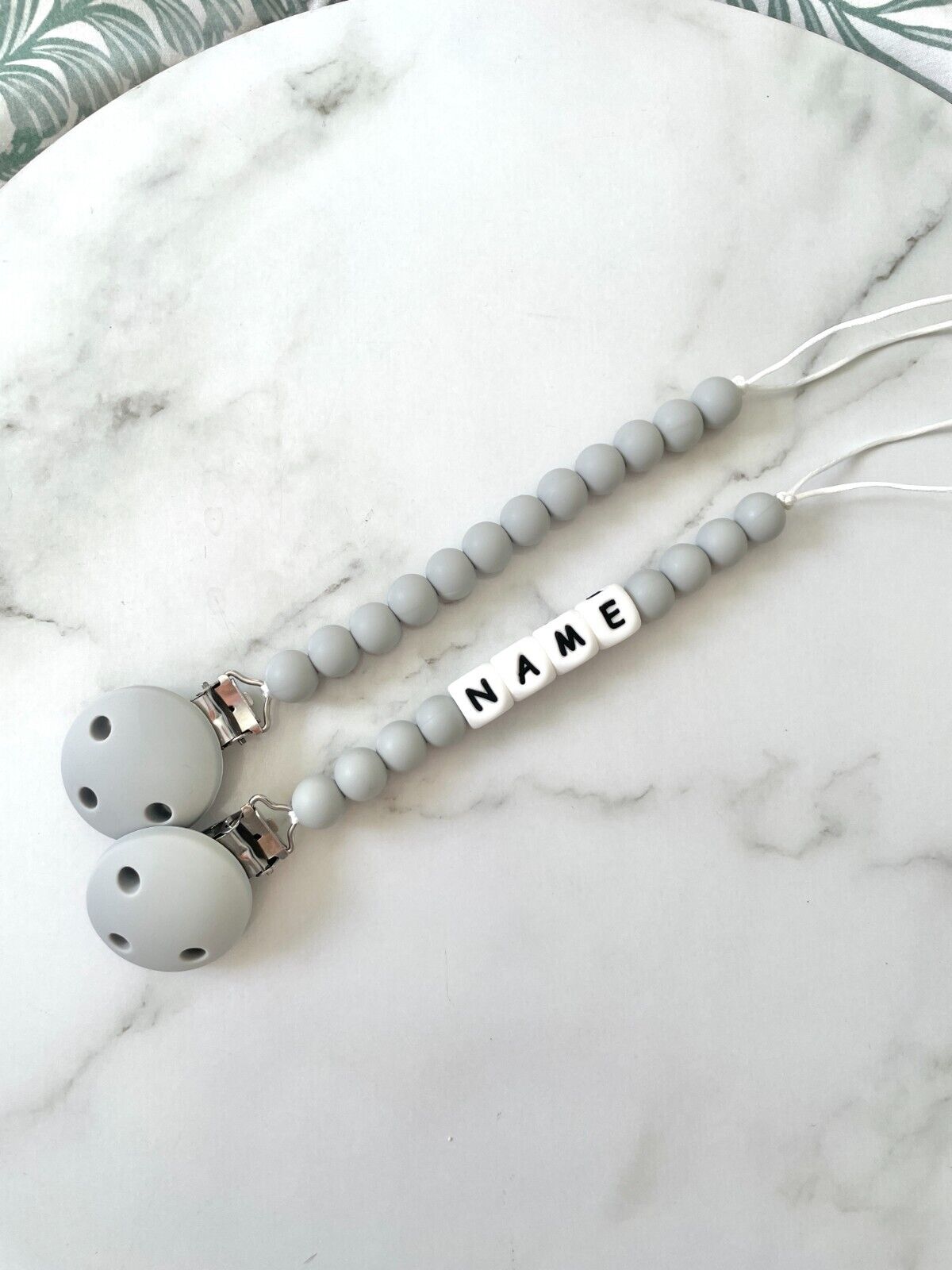 Personalised dummy Chain, silicone bead Dummy Clip ,Dummy holder, twin pack - grey.