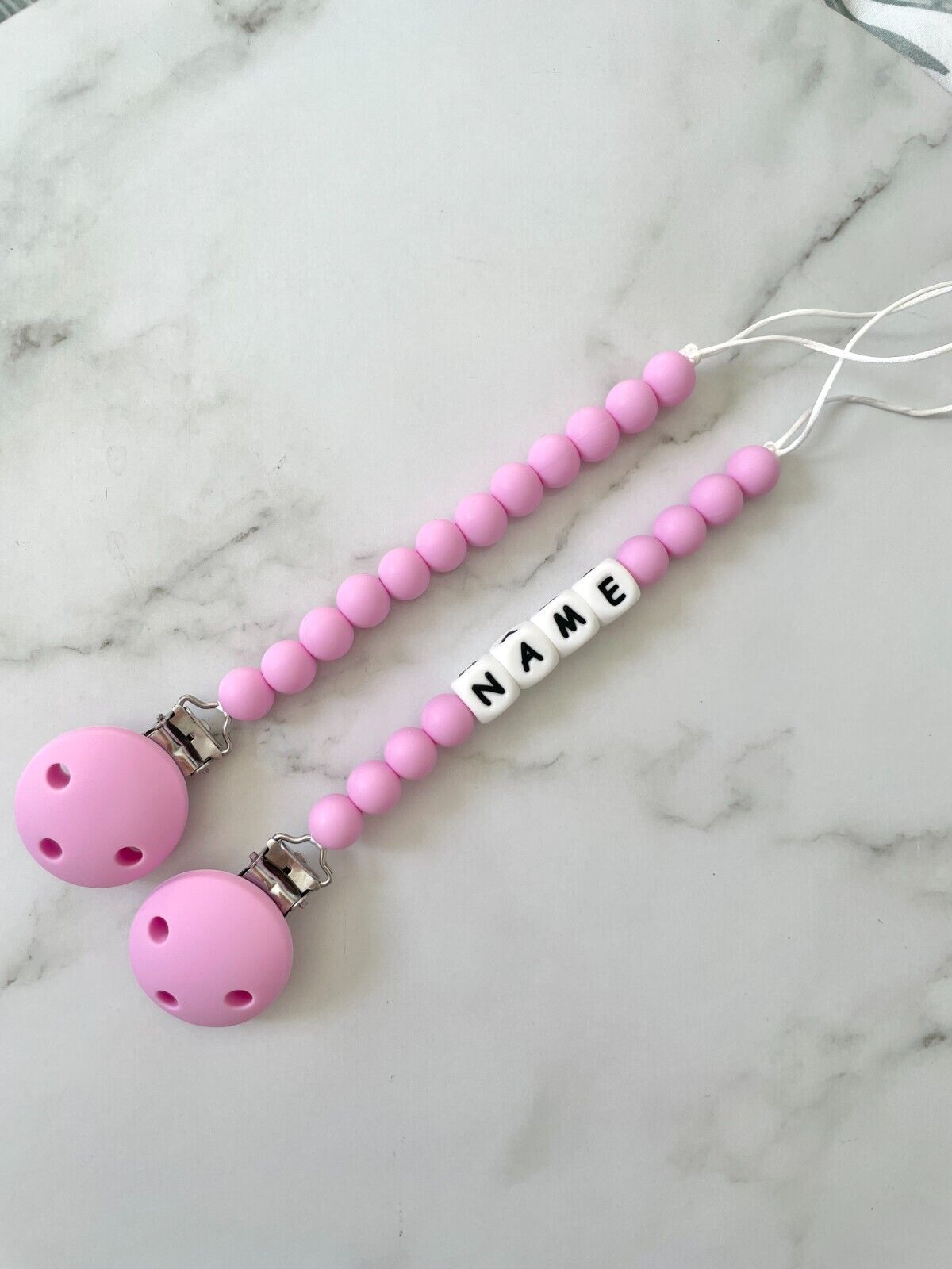 Personalised dummy Chain, silicone bead Dummy Clip ,Dummy holder, twin pack - Magenta.