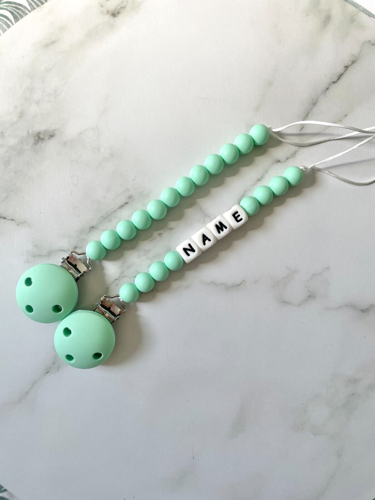 Personalised dummy Chain, silicone bead Dummy Clip ,Dummy holder, twin pack - Mint green.