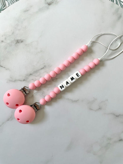 Personalised dummy Chain, silicone bead Dummy Clip ,Dummy holder, twin pack - candy pink.