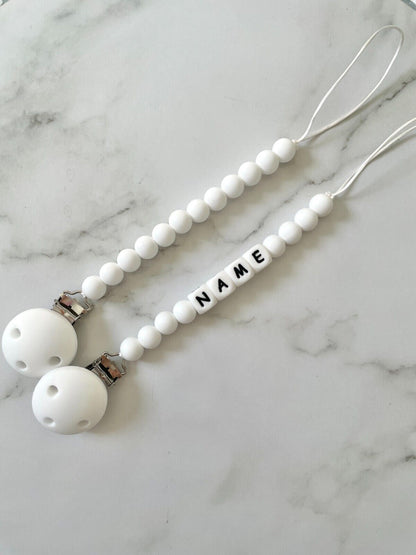 Personalised dummy Chain, silicone bead Dummy Clip ,Dummy holder, twin pack - white.