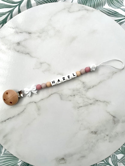 Personalised dummy chain, dummy clip, dummy holder, white bow, Hazel design.