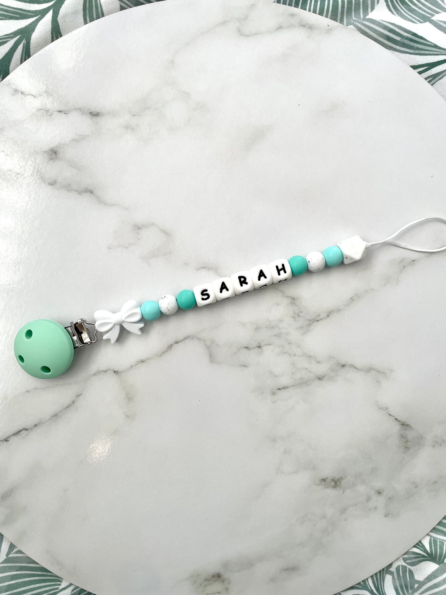 Personalised dummy chain, dummy clip, dummy holder, white bow, Sarah design.