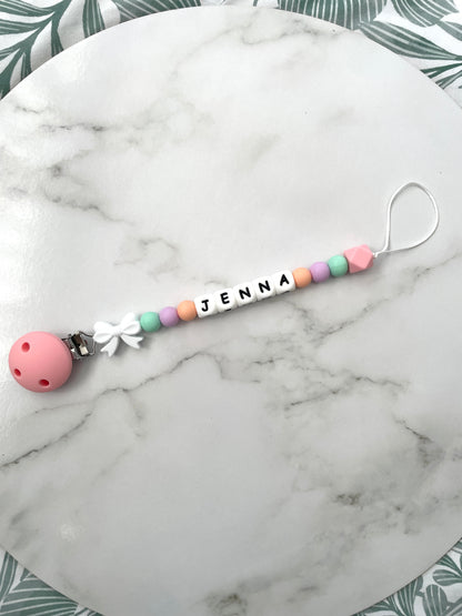 Personalised dummy chain, dummy clip, dummy holder, white bow, Jenna design.