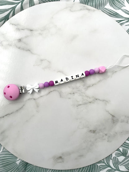 Personalised dummy chain, dummy clip, dummy holder, white bow, Madina design.