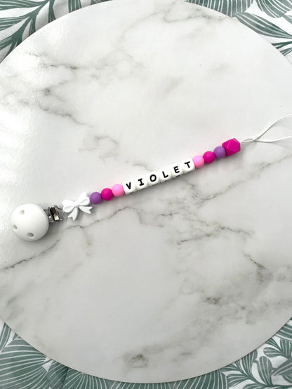 Personalised dummy chain, dummy clip, dummy holder, white bow, Violet design.