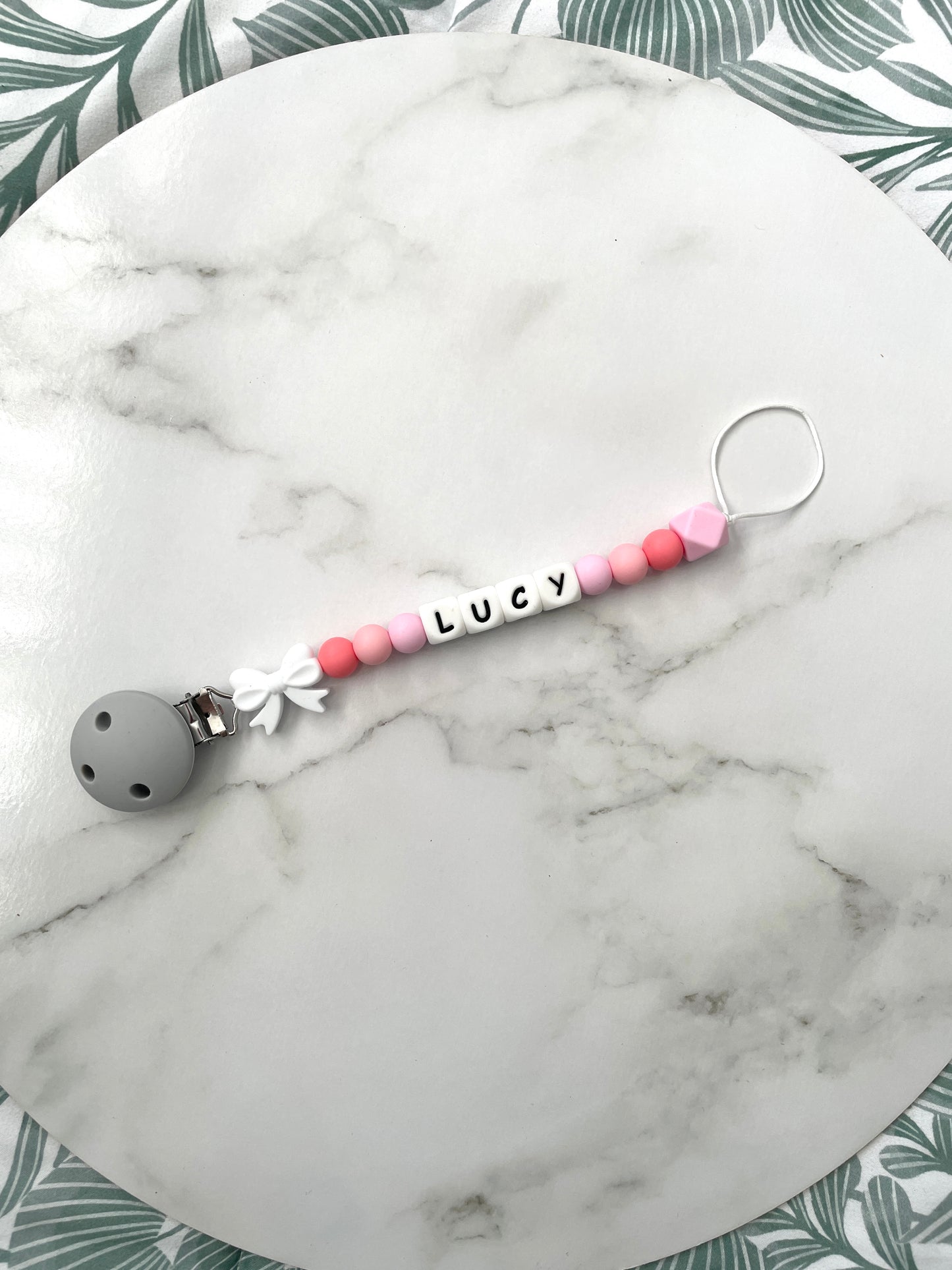 Personalised dummy chain, dummy clip, dummy holder, white bow, Lucy design.