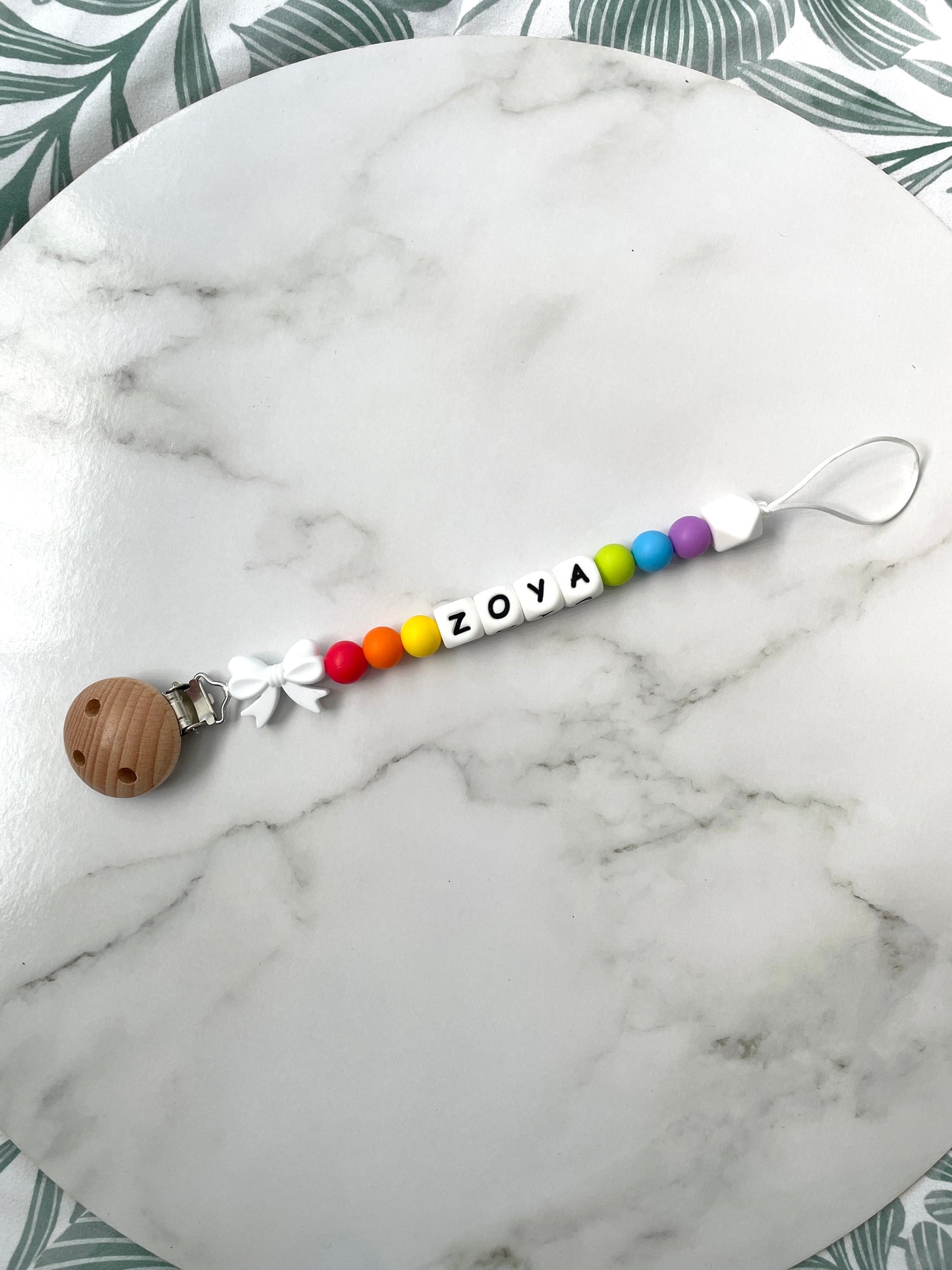 Personalised dummy chain, dummy clip, dummy holder, white bow, Zoya design.