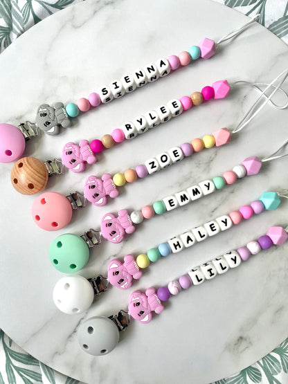 Personalised dummy chain, dummy clip, dummy holder, pink elephant.