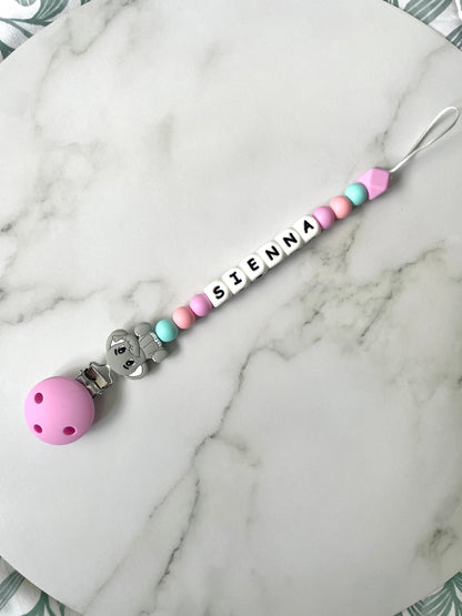 Personalised dummy chain, dummy clip, dummy holder, pink elephant Sienna design.