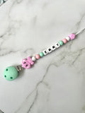 Personalised dummy chain, dummy clip, dummy holder, pink elephant Emmy design.