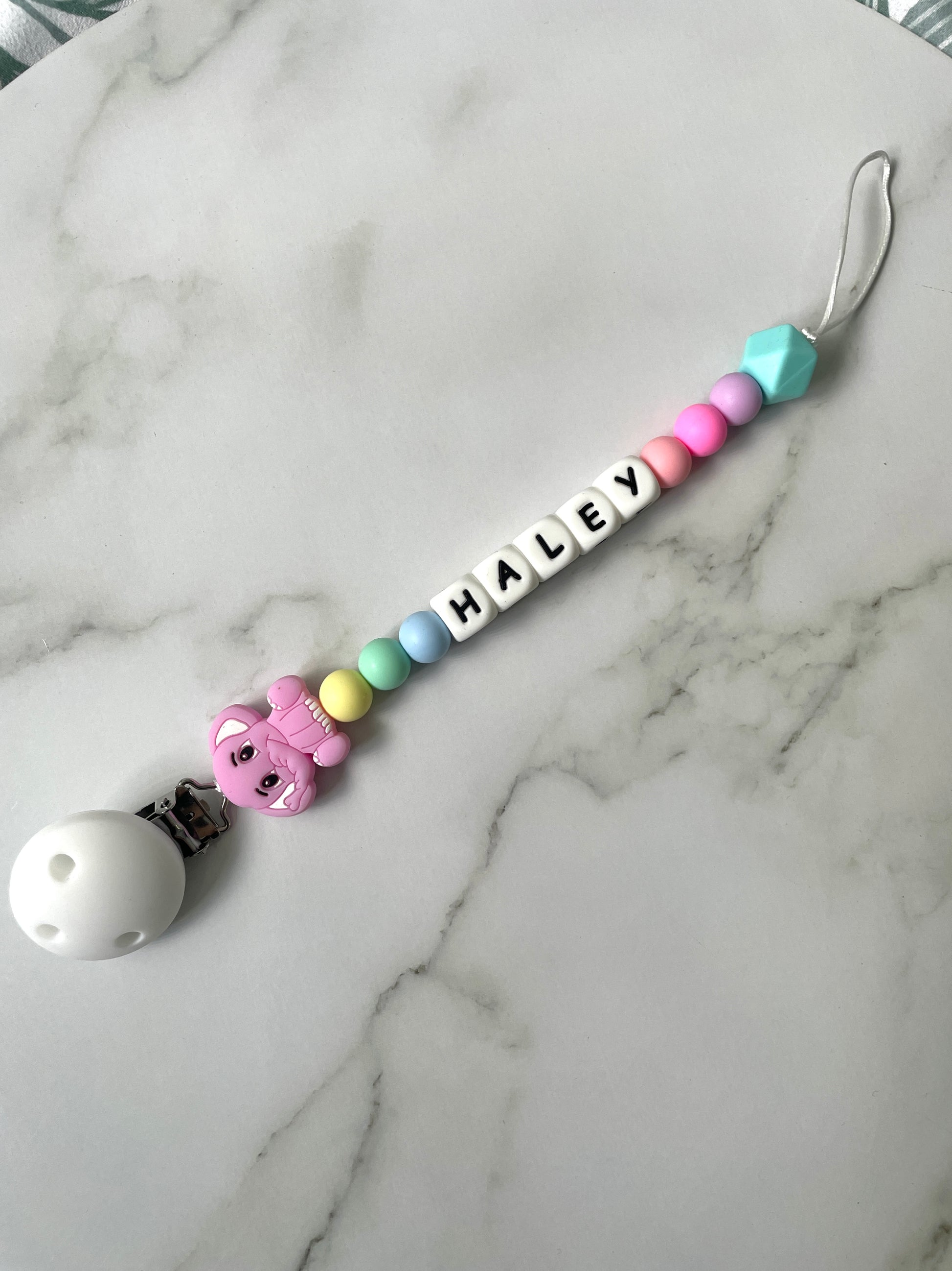 Personalised dummy chain, dummy clip, dummy holder, pink elephant Haley design.