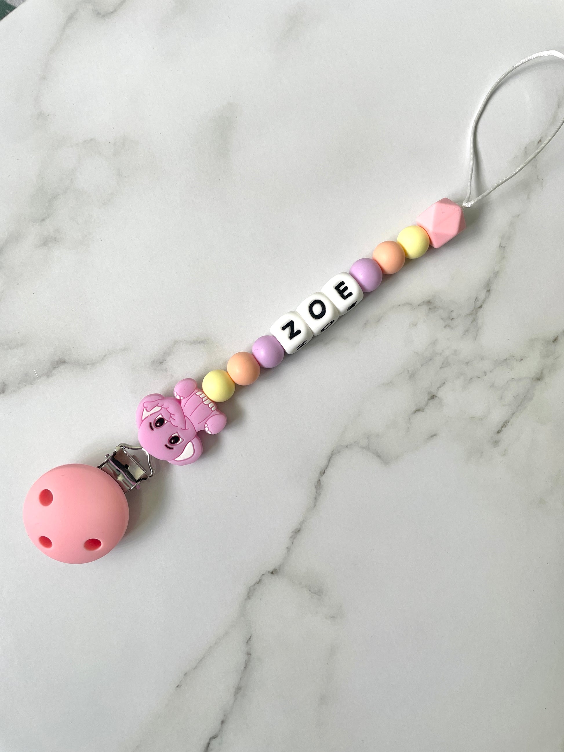 Personalised dummy chain, dummy clip, dummy holder, pink elephant Zoe design.