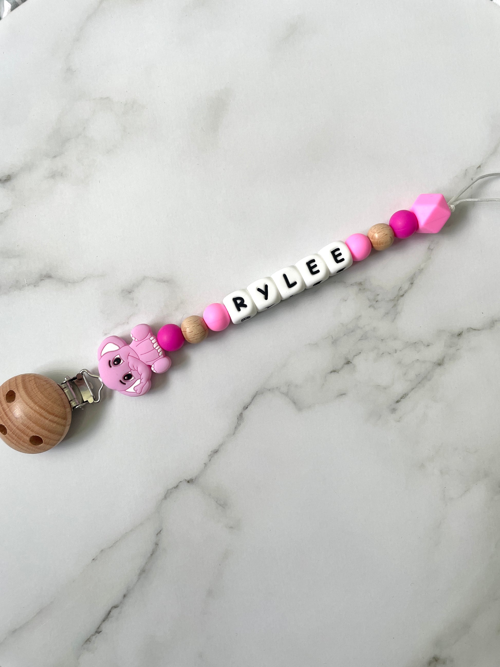 Personalised dummy chain, dummy clip, dummy holder, pink elephant Rylee design.