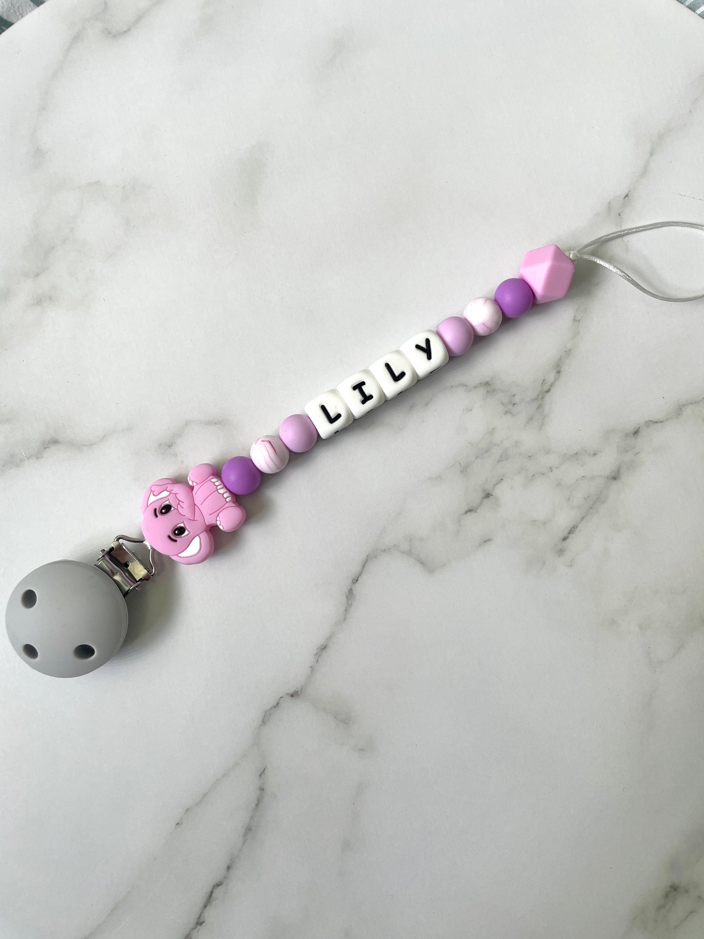Personalised dummy chain, dummy clip, dummy holder, pink elephant Lily design.