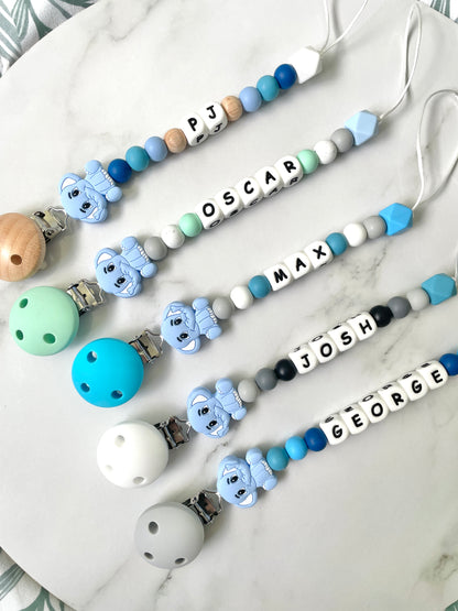 Personalised dummy chain, dummy clip, dummy holder, blue grey elephant, blue collection