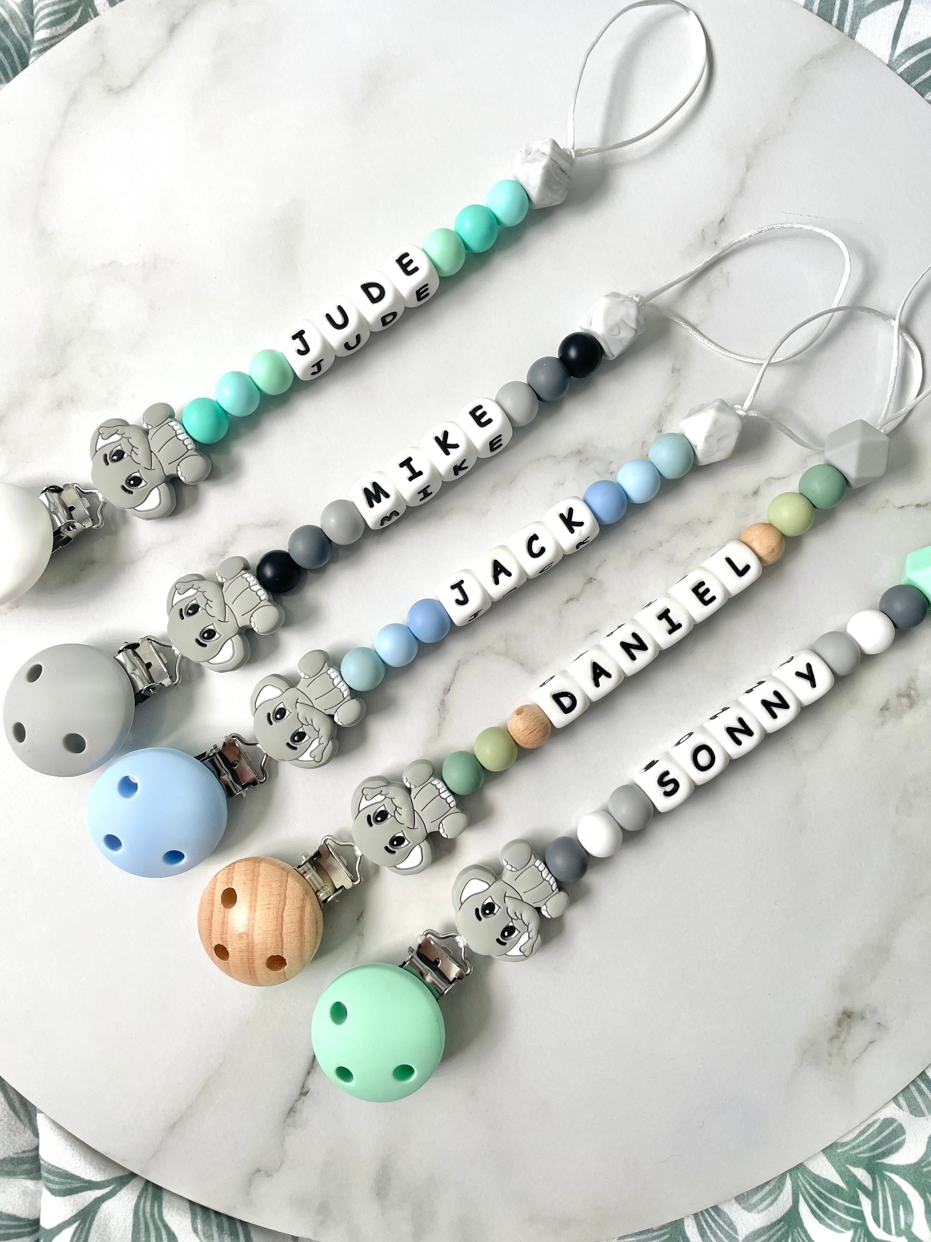 Personalised dummy chain, dummy clip, dummy holder, blue grey elephant, grey collection