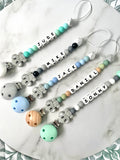 Personalised dummy chain, dummy clip, dummy holder, blue grey elephant, grey collection