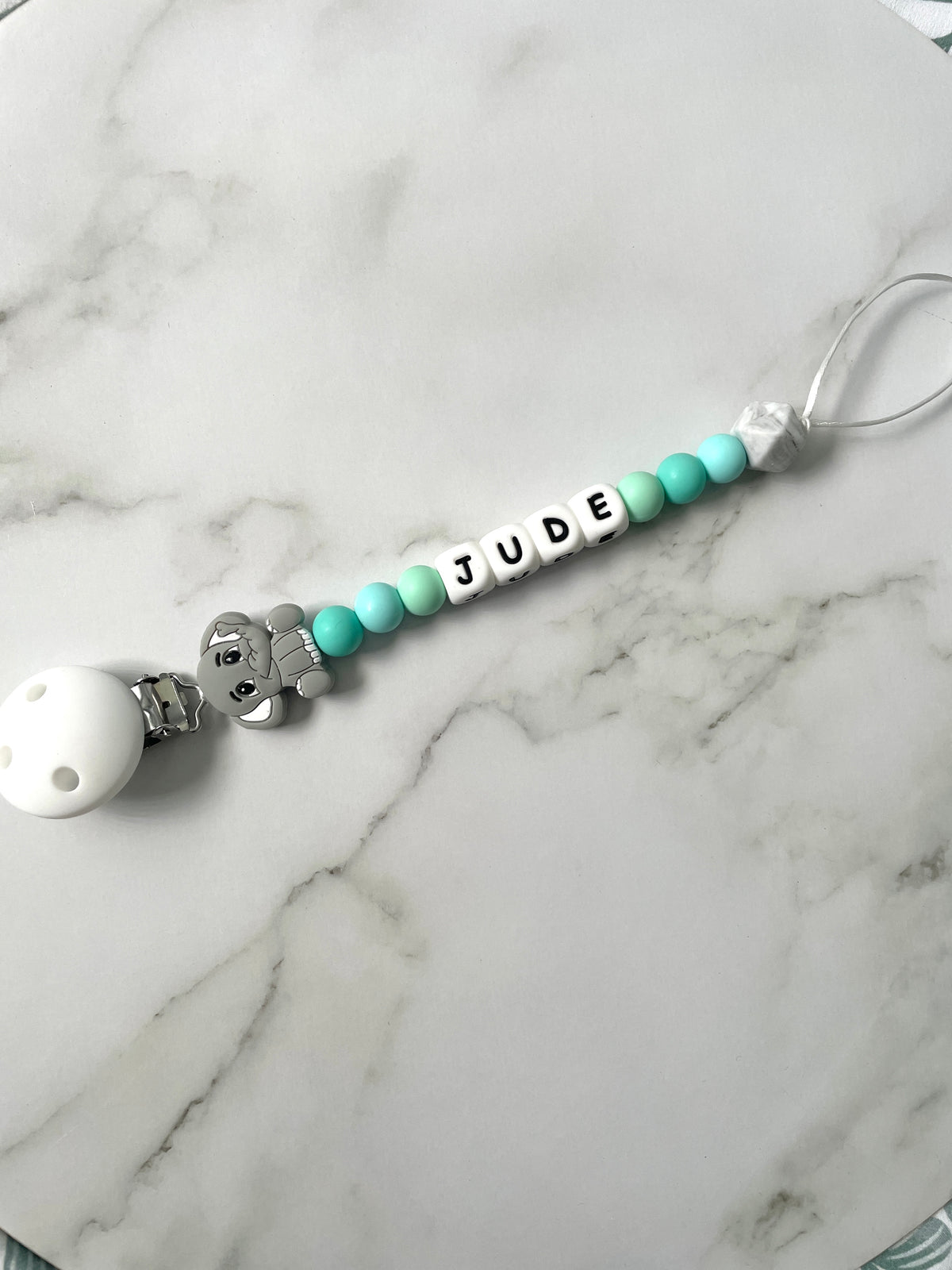 Personalised dummy chain, dummy clip, dummy holder, blue grey elephant, Jude design.