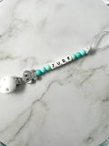 Personalised dummy chain, dummy clip, dummy holder, blue grey elephant, Jude design.