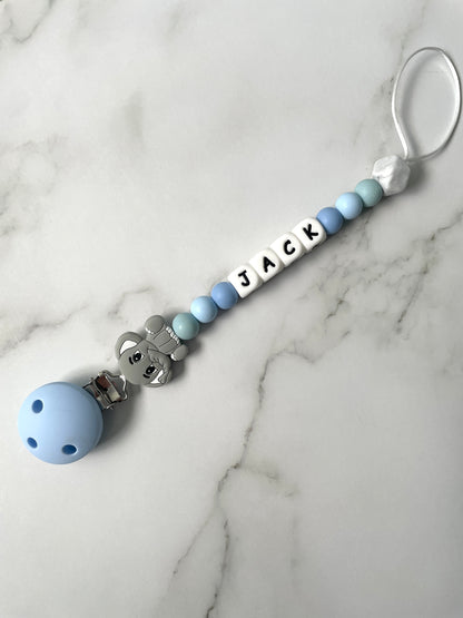 Personalised dummy chain, dummy clip, dummy holder, blue grey elephant, Jack design.