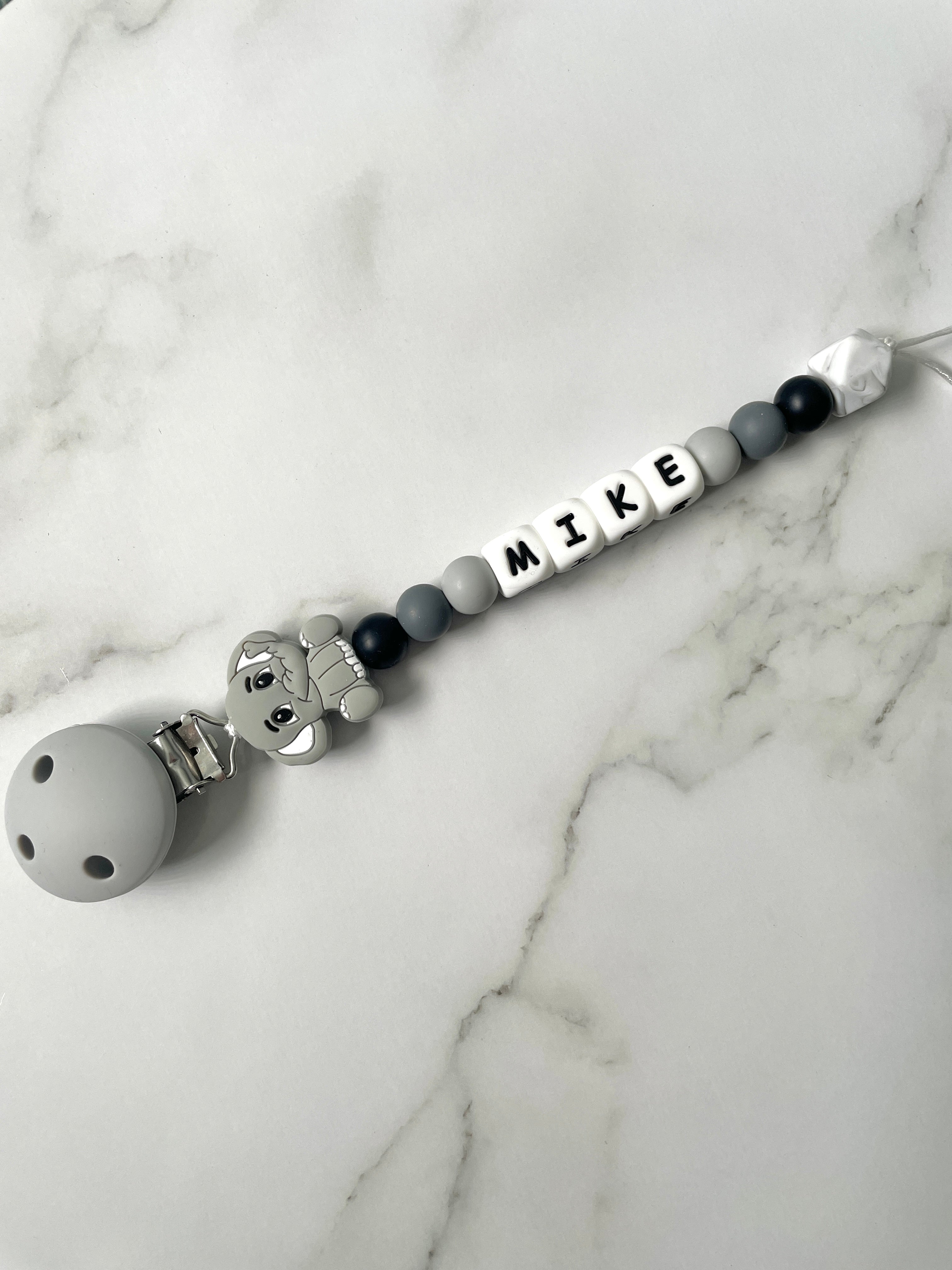 Personalised dummy chain, dummy clip, dummy holder, blue grey elephant, Mike design.