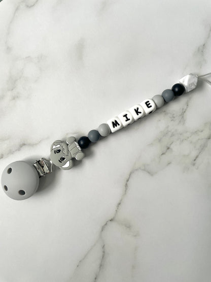 Personalised dummy chain, dummy clip, dummy holder, blue grey elephant, Mike design.