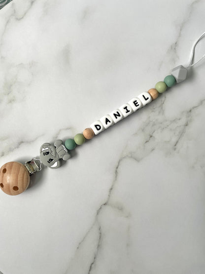 Personalised dummy chain, dummy clip, dummy holder, blue grey elephant, Daniel design.