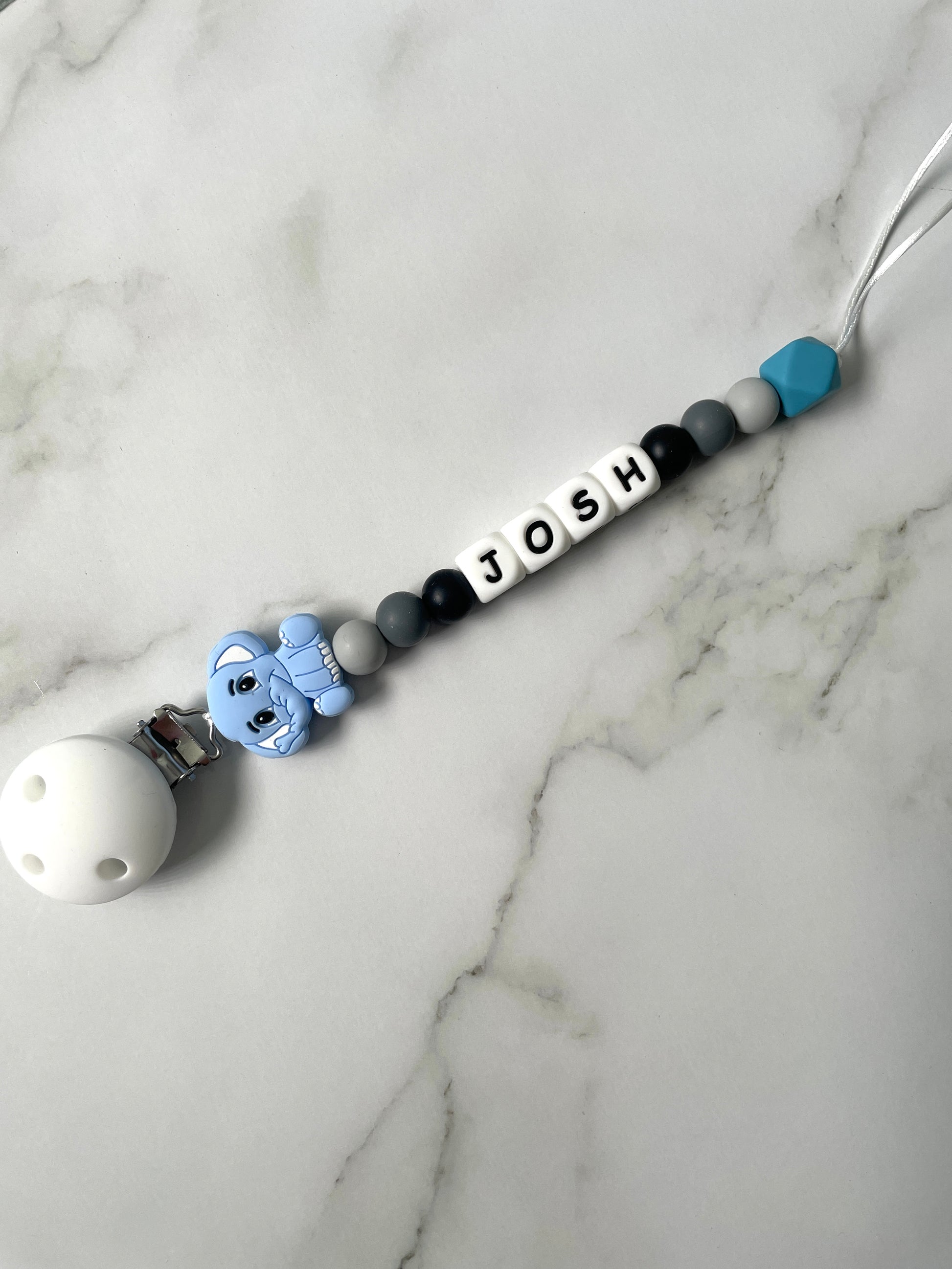 Personalised dummy chain, dummy clip, dummy holder, blue grey elephant, Josh design.