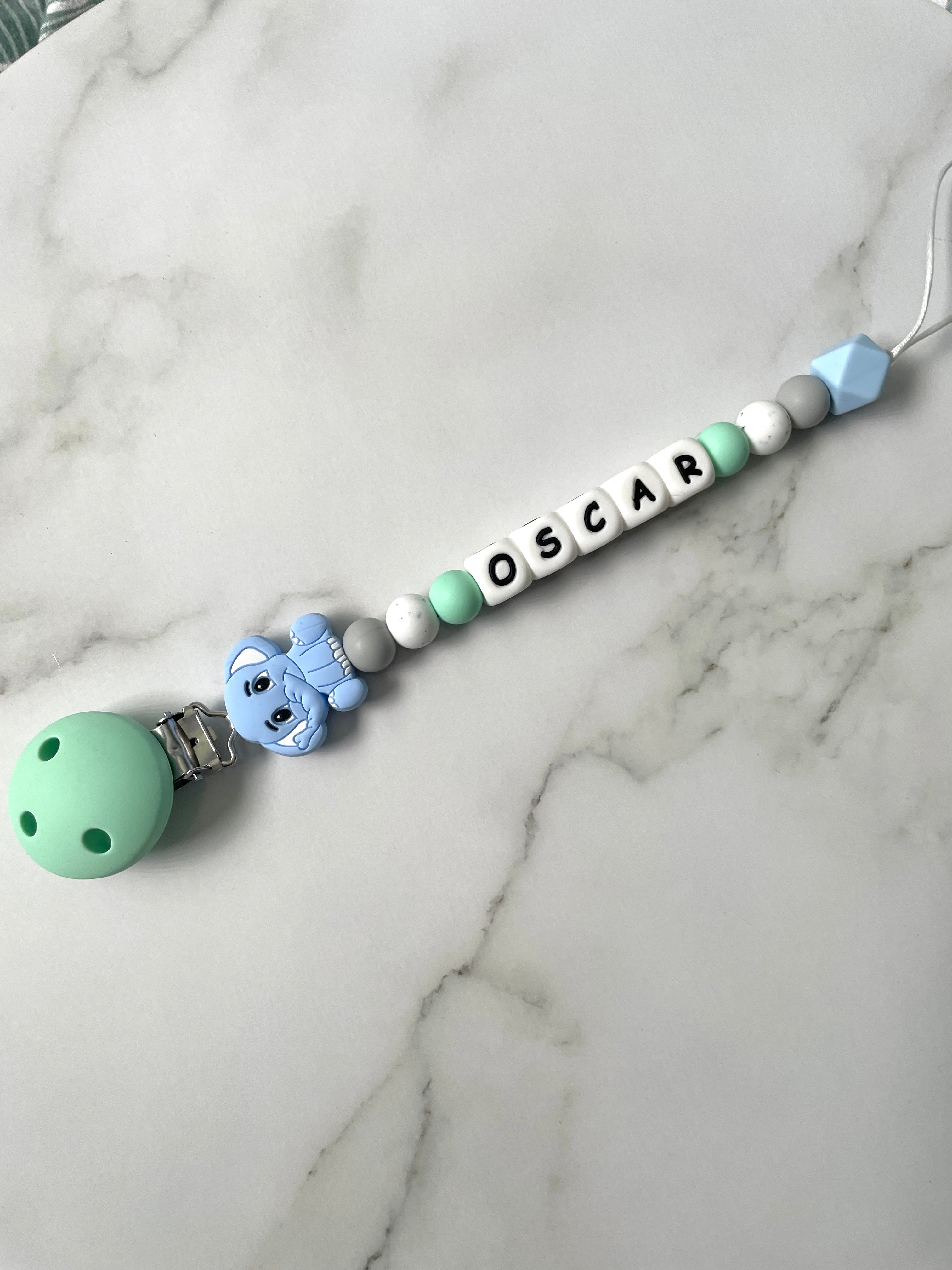 Personalised dummy chain, dummy clip, dummy holder, blue grey elephant, Oscar design.