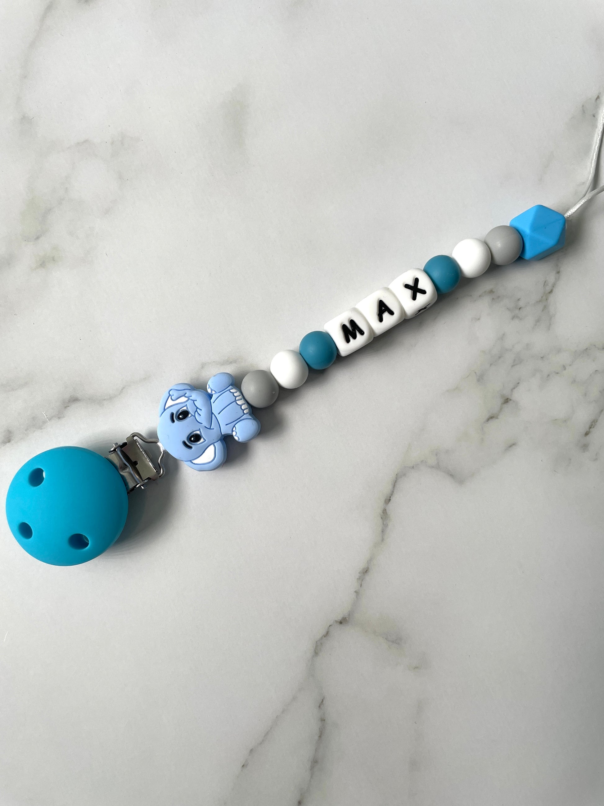 Personalised dummy chain, dummy clip, dummy holder, blue grey elephant, Max design.