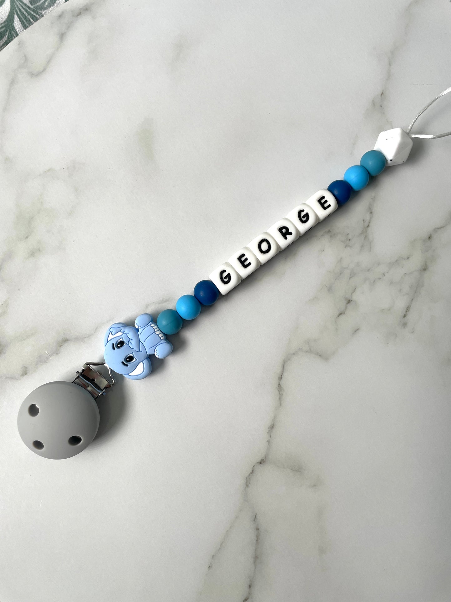 Personalised dummy chain, dummy clip, dummy holder, blue grey elephant, George design.