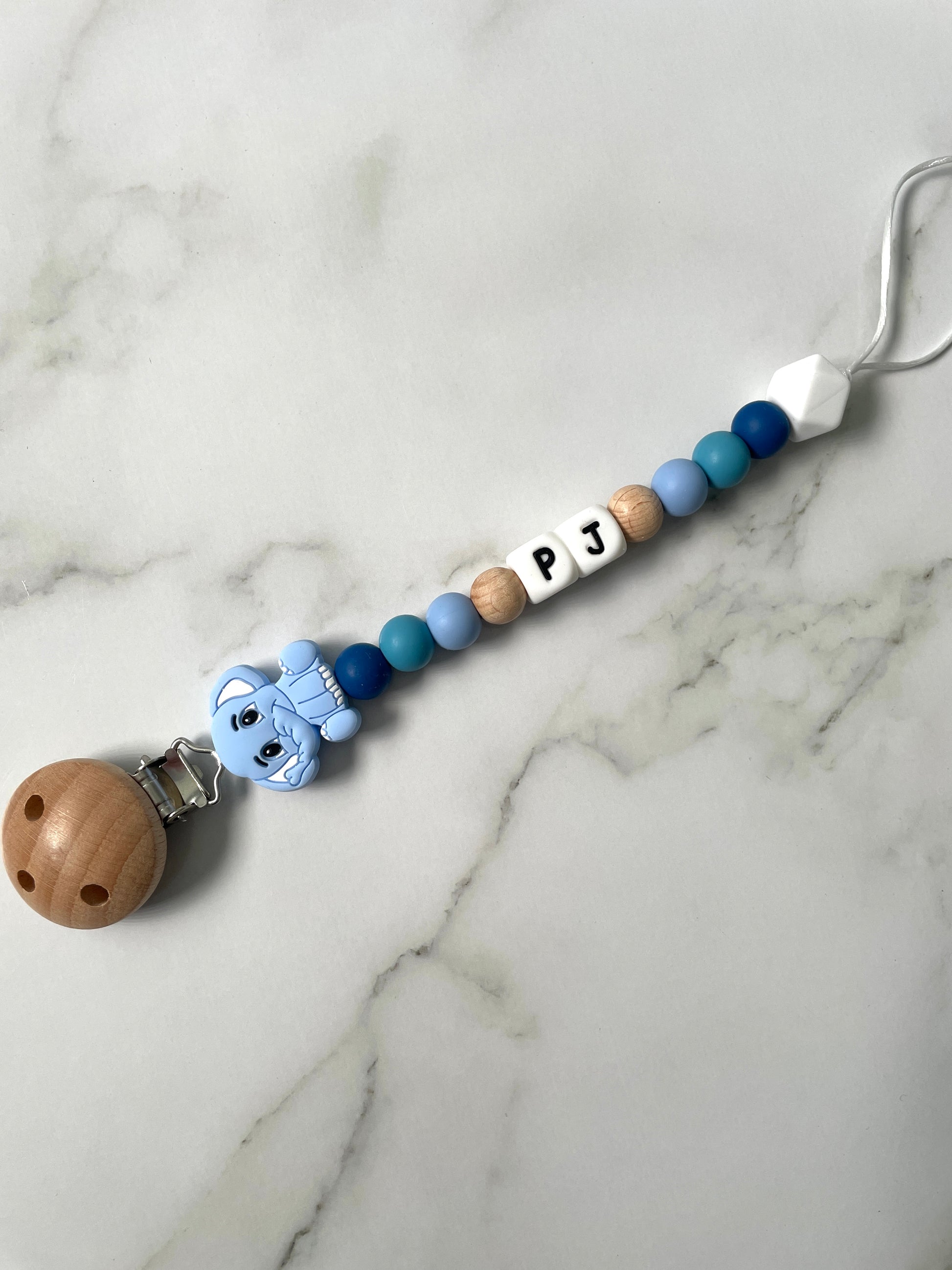 Personalised dummy chain, dummy clip, dummy holder, blue grey elephant, PJ design.