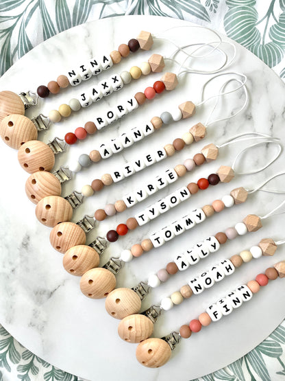 Personalised dummy chain, beaded dummy clip, name dummy holder, neutral colour collection