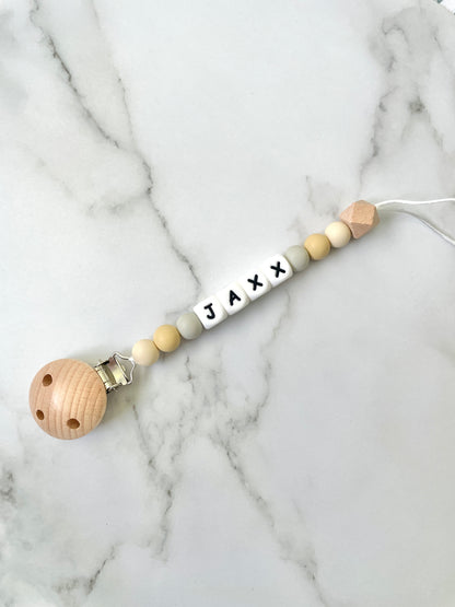 Personalised dummy chain, beaded dummy clip, name dummy holder, neutral colour - Jaxx design