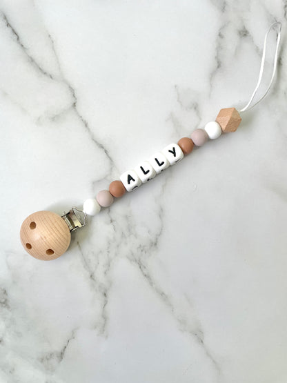 Personalised dummy chain, beaded dummy clip, name dummy holder, neutral colour - Ally design