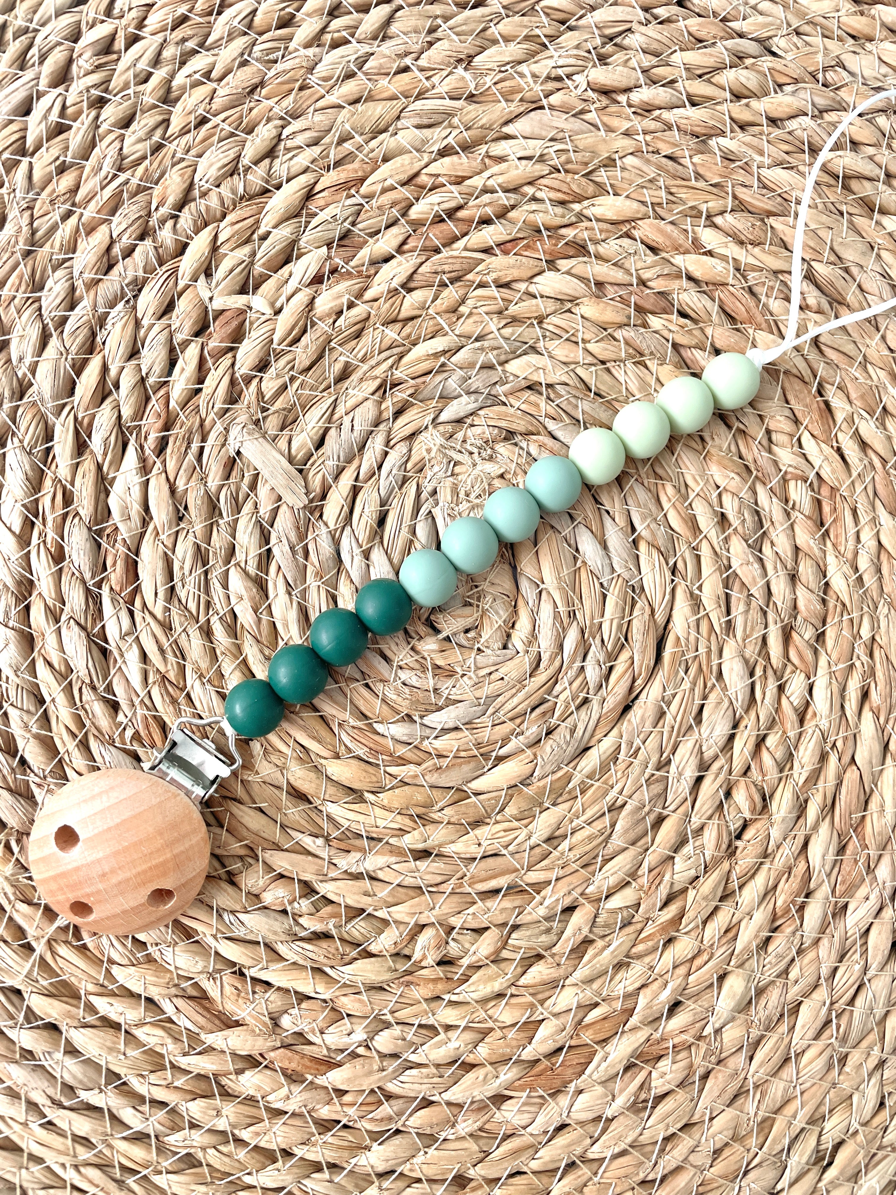 Beaded Dummy Chain, silicone dummy Clip, Dummy Holder, ombre colour - dark green.