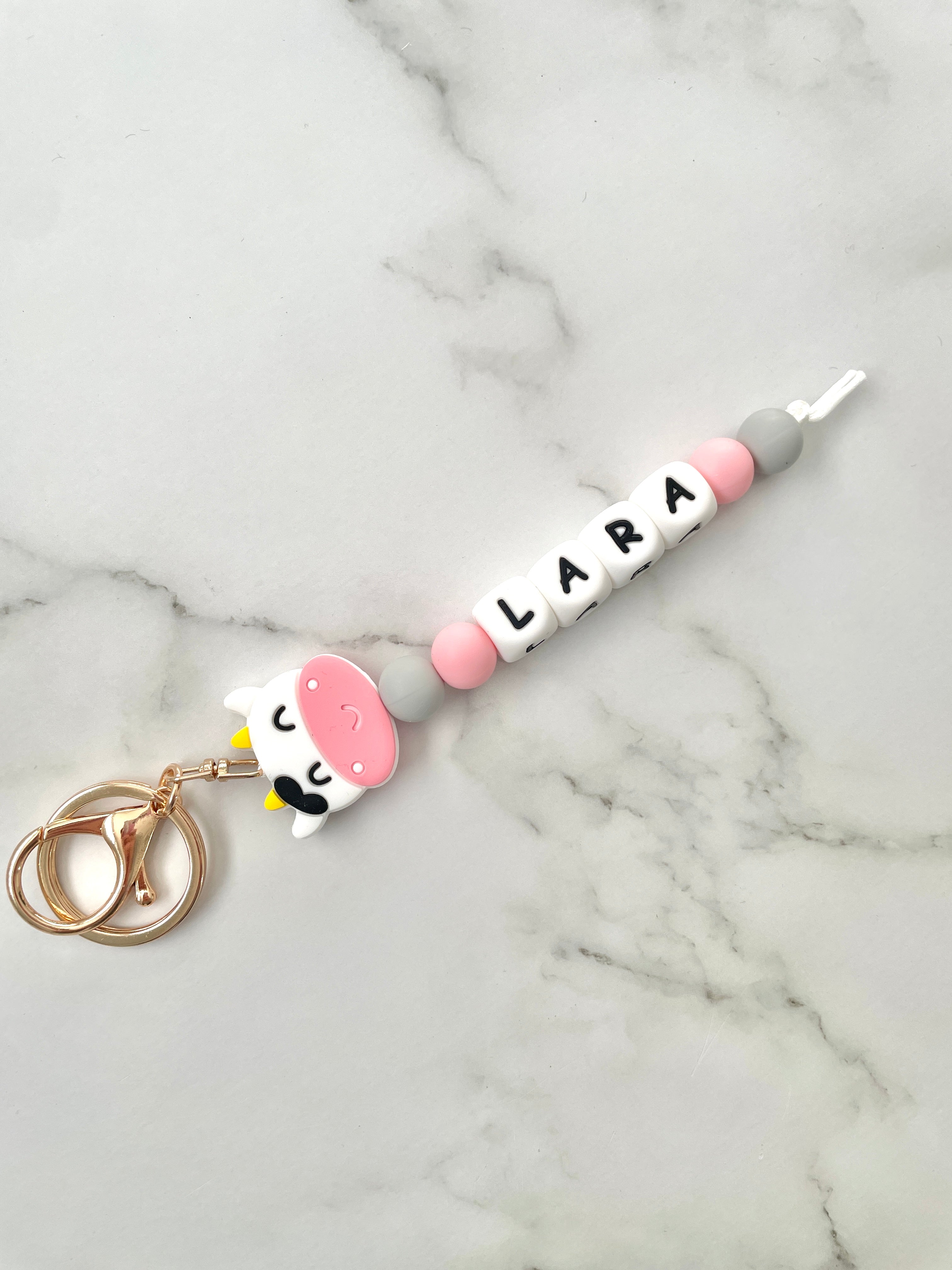 personalised cow keyring - design your own pink