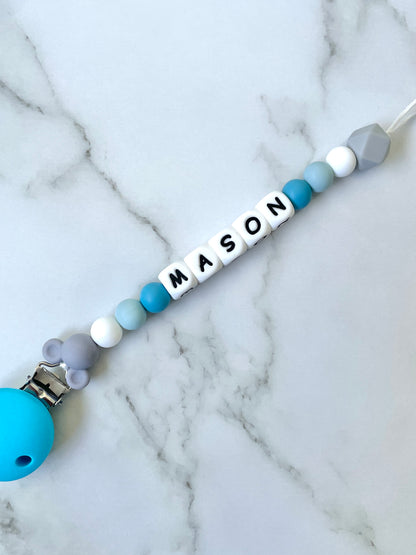 Personalised dummy chain, dummy clip, dummy holder, blue grey mickey, Mason design