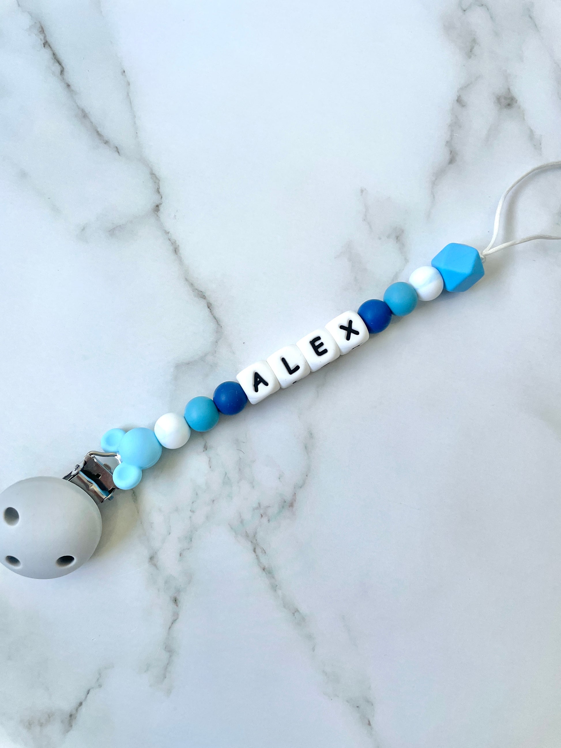 Personalised dummy chain, dummy clip, dummy holder, blue grey mickey, Alex design