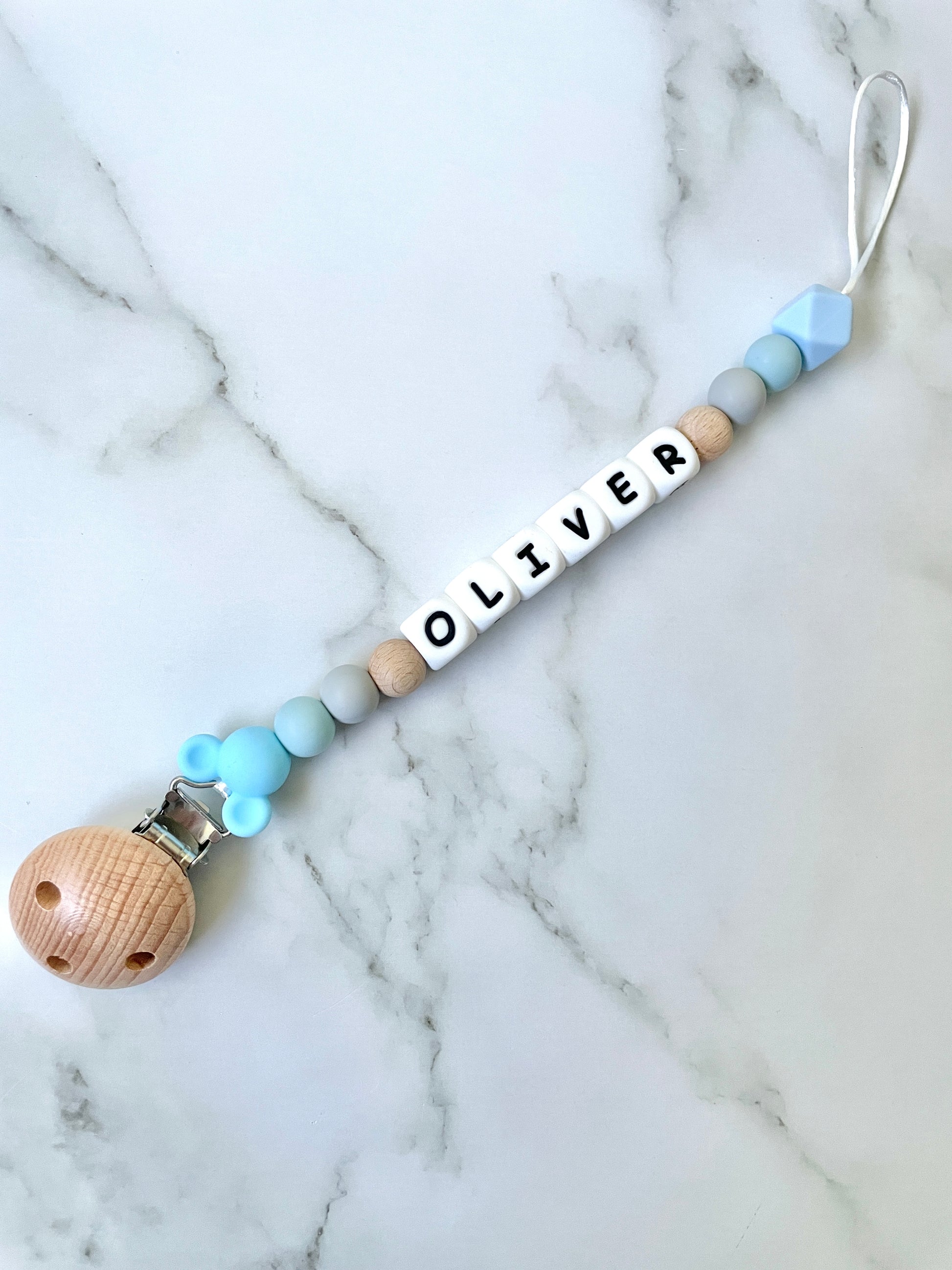 Personalised dummy chain, dummy clip, dummy holder, blue grey mickey, Oliver design