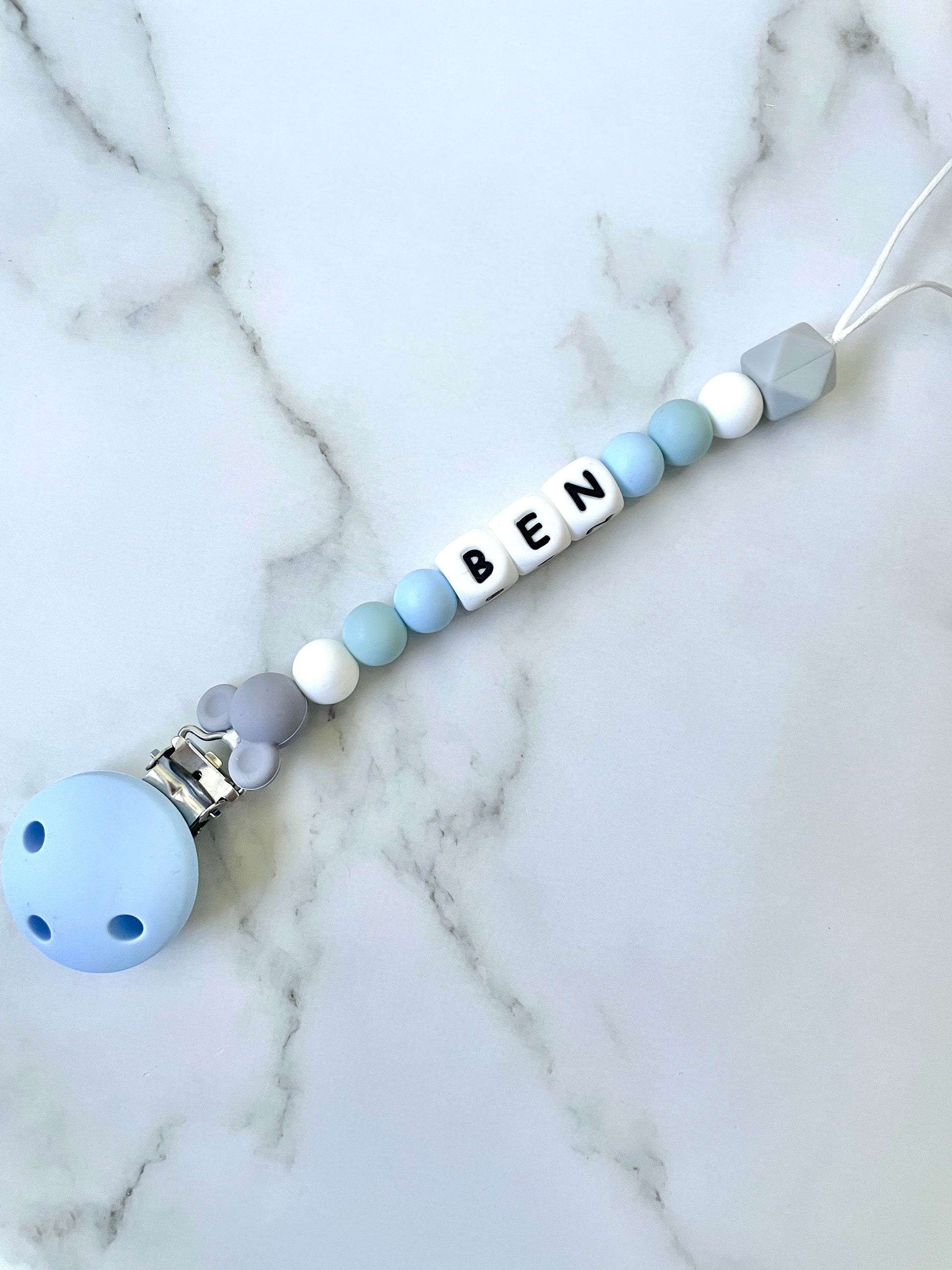Personalised dummy chain, dummy clip, dummy holder, blue grey mickey, Ben design
