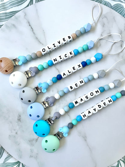 Personalised dummy chain, dummy clip, name dummy holder, blue grey mickey collection