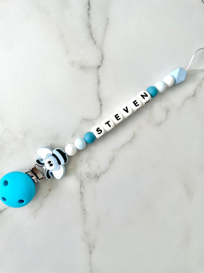 Personalised dummy chain, dummy clip, dummy holder, blue bee, Steven design.