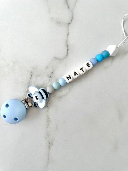 Personalised dummy chain, dummy clip, dummy holder, blue bee, Nate design.