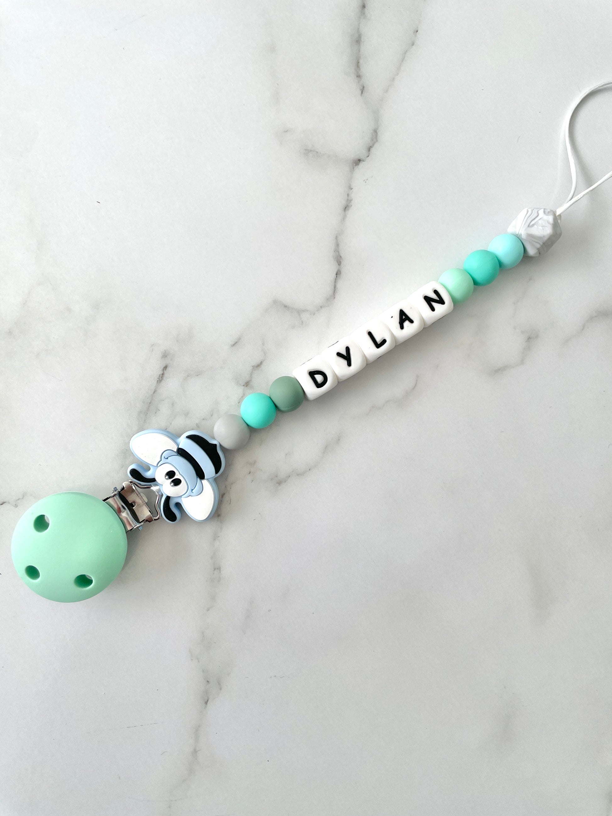 Personalised dummy chain, dummy clip, dummy holder, blue bee, Dylan design.