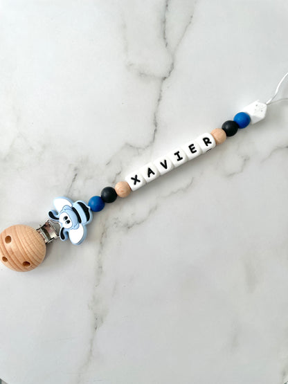 Personalised dummy chain, dummy clip, dummy holder, blue bee, Xavier design.