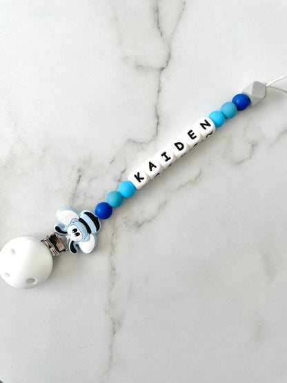 Personalised dummy chain, dummy clip, dummy holder, blue bee, Kaiden design.