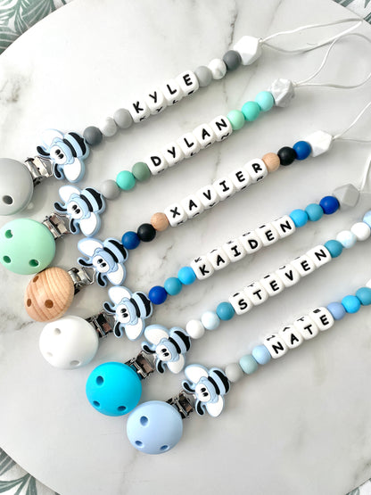 Personalised dummy chain, dummy clip, dummy holder, blue bee.