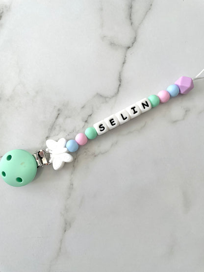 Personalised dummy chain, dummy clip, dummy holder, butterfly, Selin design.